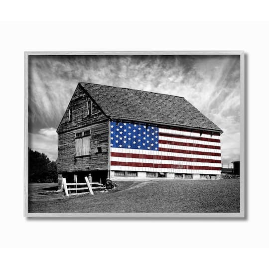 Stupell Industries Black & White Farmhouse Barn American Flag Wall Accent with Gray Frame